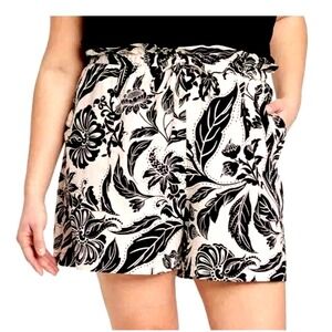 Who What Wear Womens Floral Linen Blend Paperbag Waist Shorts Black White Size M